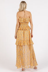 Mittoshop Ruffled Smocked Floral Halter Neck Maxi Dress OutfitFlow